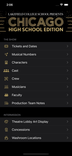 Main screen of the Chicago @ LCS theatre programme app.