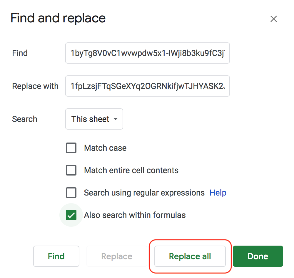 Using the Find and Replace dialog to update the Link Value column.